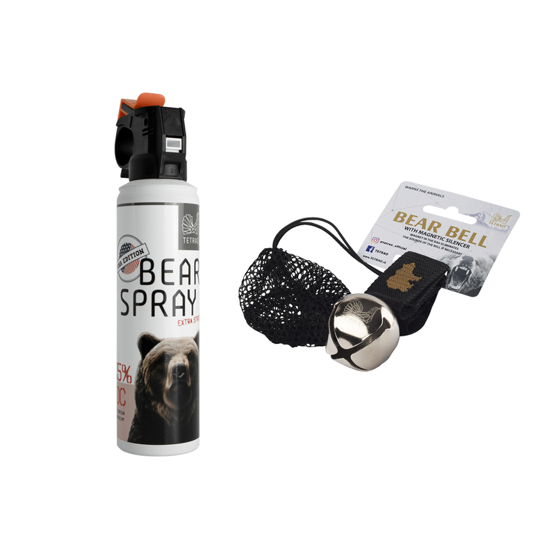 Zestaw grzybiarza przeciwko niedźwiedziom TETRAO - Bear Spray 150 ml + dzwonek